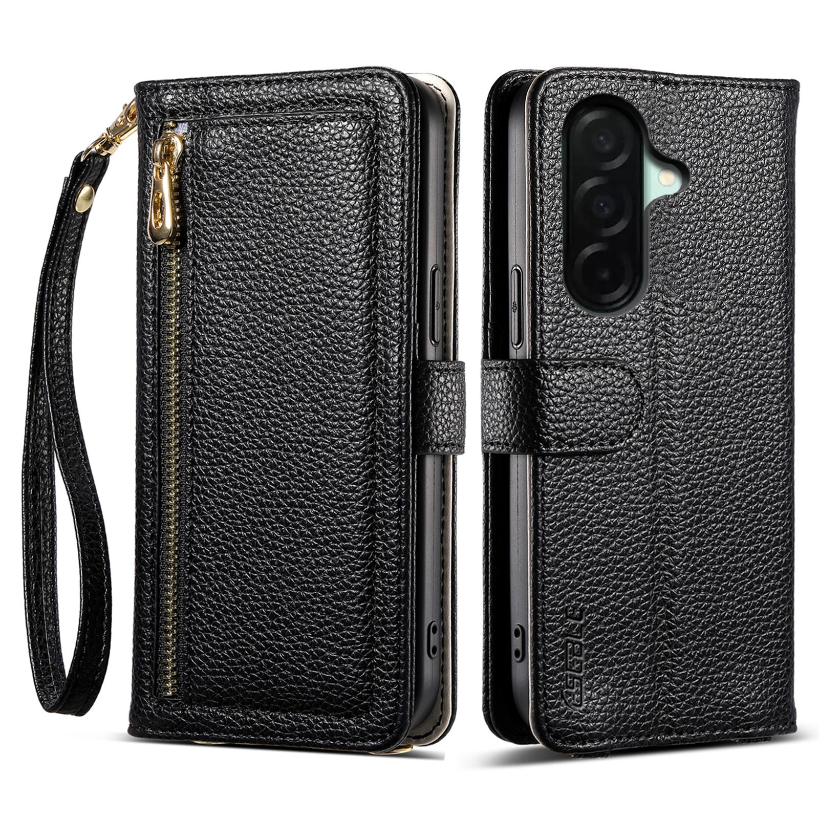 

ESEBLE E11 For Samsung Galaxy A36 5G Case Zipper Pocket Litchi Texture Leather Phone Cover with Mirror and Wrist Strap Black