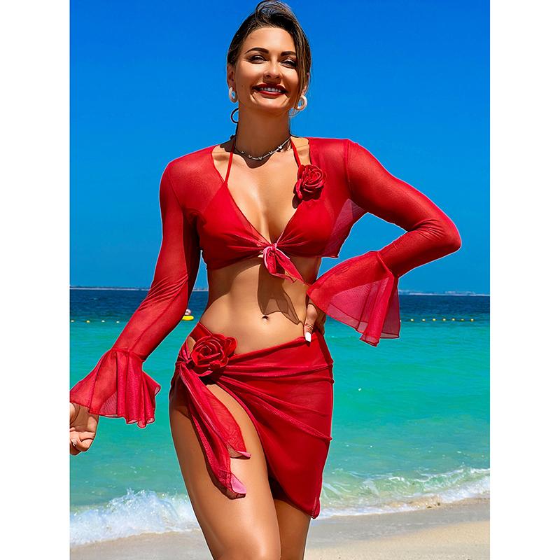Sexy Mesh 4 Piece Bikinis Set Women Red Black Flare Long Sleeve Cover Up with Skirt Swimsuit Beach Holiday Bathing Suit Swimwear