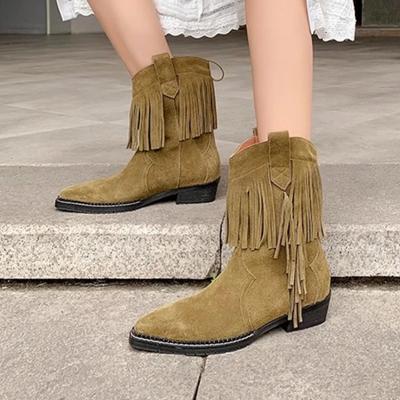 Fashion 2024 High Quality Shoes Female Mid-Calf Women's Boots Elegant Modern Boots Women Fringe Pointed Toe Slip On Low Heel Shoes Women