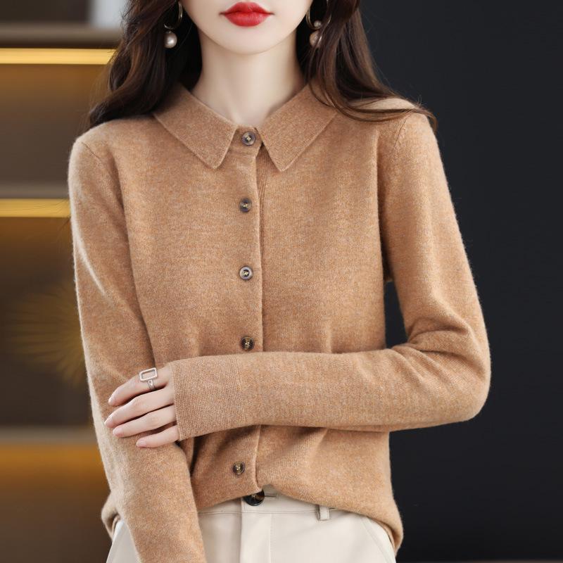 Women's Long Sleeve Pure Wool Knit Cardigan with Polo Collar - Autumn/Winter Edition