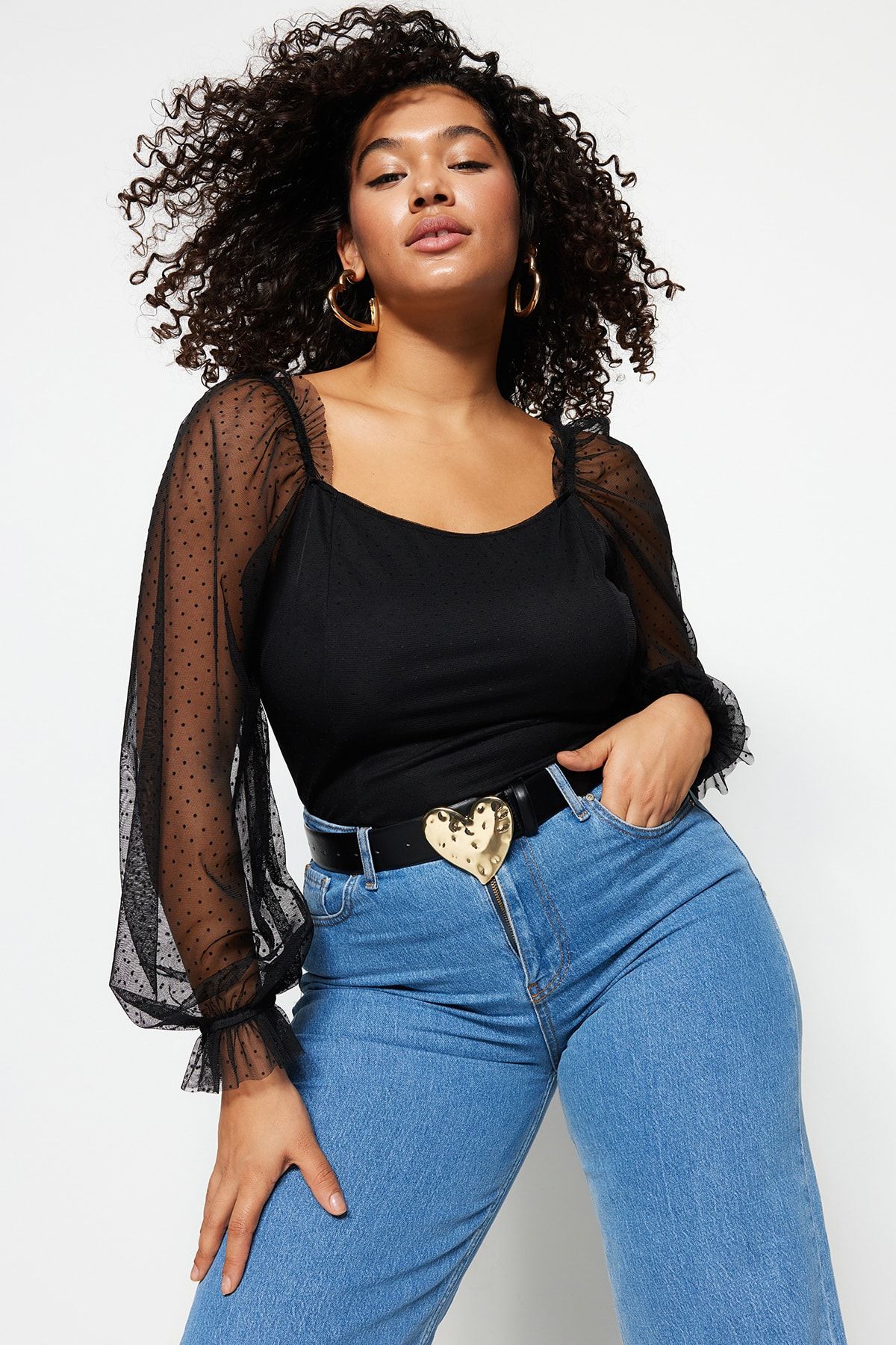 

Women s Plus Size Blouse Black Tulle Sleeves Woven Blouse L