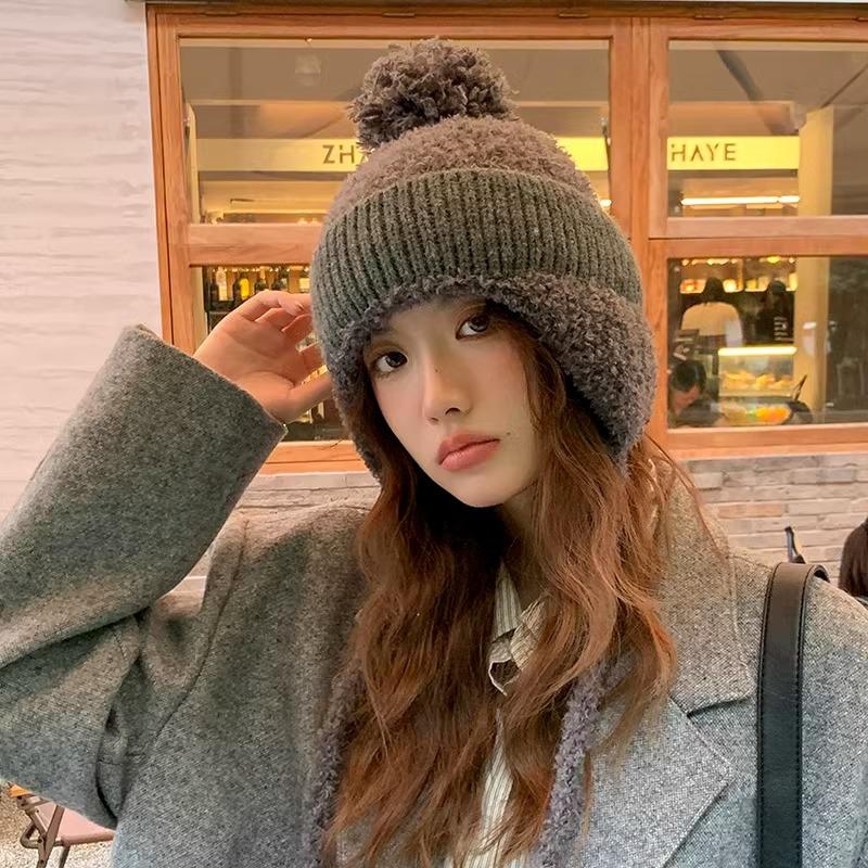 Korean Style Big Head Size Lei Feng Hat for Women Autumn and Winter Plush Warm Ear Protection Knitted Hat Big Face Small Woolen Hat