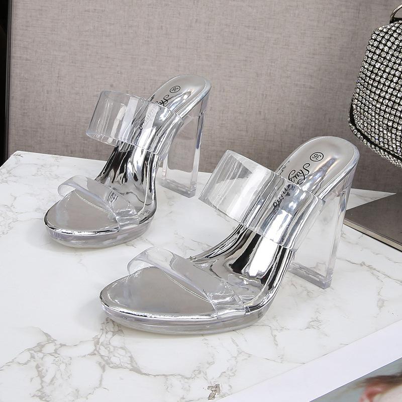 Korean Edition Fashion Model Shoes Thin Heels Sexy Black Waterproof Platform 11CM High Heel Sandals Women's High Heels Mules