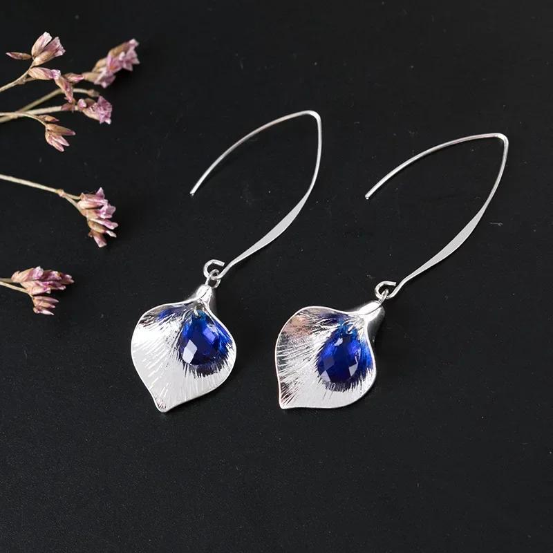 Elegant Blue Teardrop Orchid Bud Crystal Hook Hanging Earrings Dangle Accessory Jewelry Wedding Engagement Women's Earrings