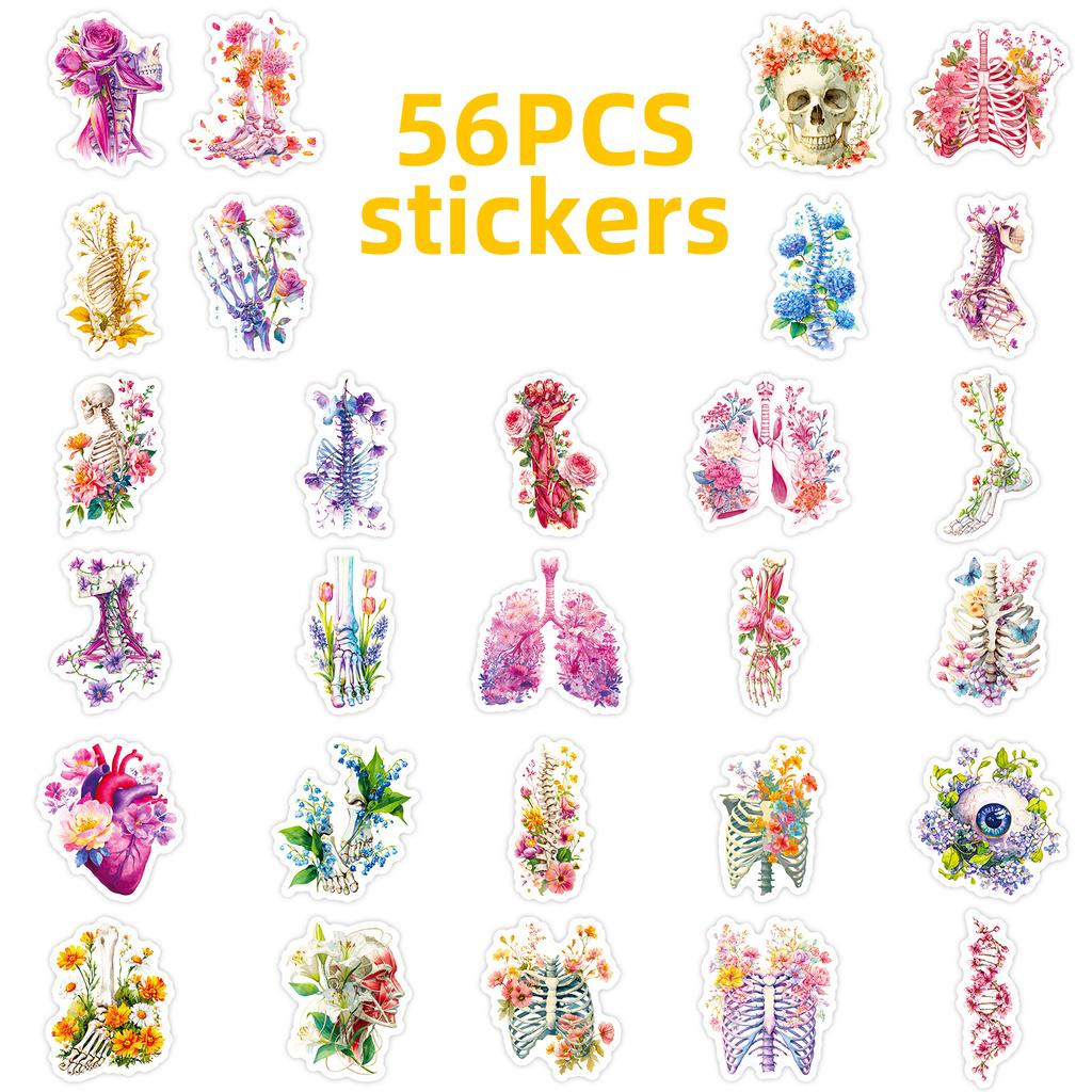 56 Anatomical Aesthetics Flower Stickers Human Organs Skull Floral Combination Art Handbook Decorative Materials