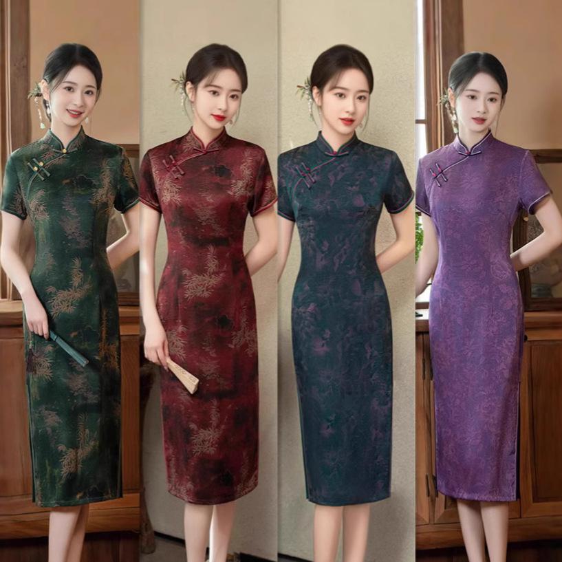 1011 New Summer Improved Short Sleeve Female Middle-aged Mom New Chinese Medium and Long Slim High-end Acetate Satin Cheongsam