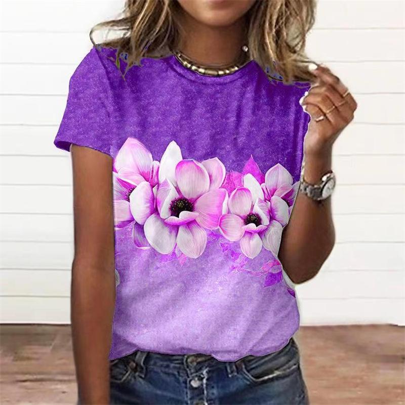 Women's T-shirt with flower print T-shirt top, girls' clothing, summer short sleeved T-shirt, V-neck casual holiday women's T-shirt