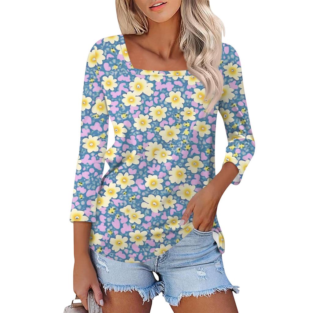 Women's T Shirt Tee Print 3/4 Sleeve Daily Weekend Fashion Basic Square Neck  Regular Top