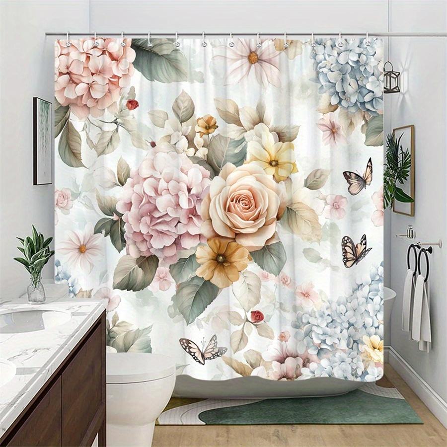1pz Tenda da Doccia Floreale Acquerello Vintage - Rose Rosa Crema, Foglie Verdi e Farfalle Tessuto in Poliestere, Lavabile in Lavatrice