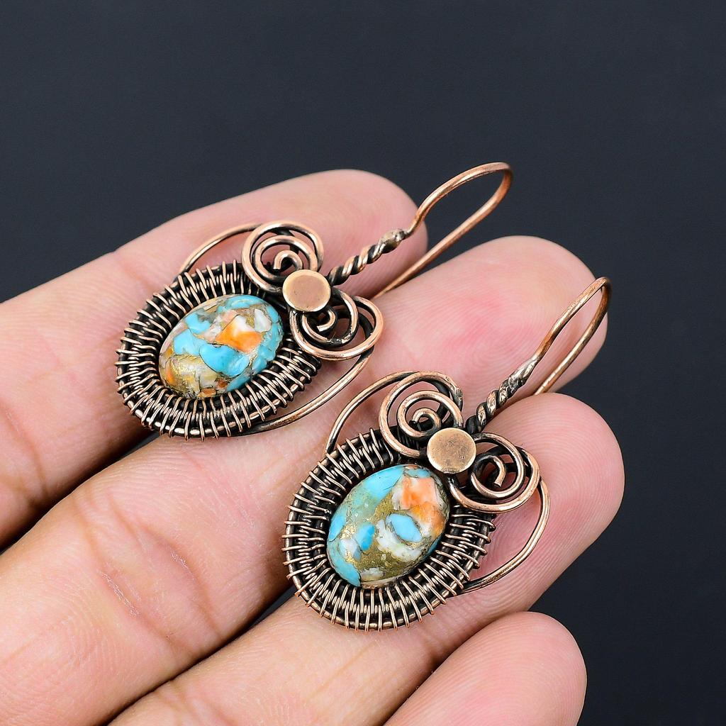 Copper Spiny Oyster Turquoise Gemstone Jewelry Pure Copper Wire Wrapped Handmade Earrings