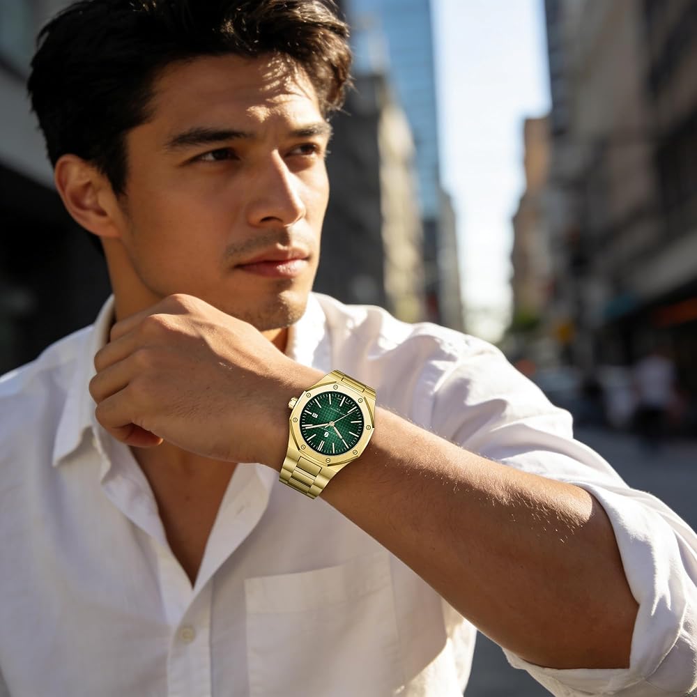 SAPPHERO Men's Chronograph Watch Stainless Steel 50M Water Resistant Analog Date Display Gold Green