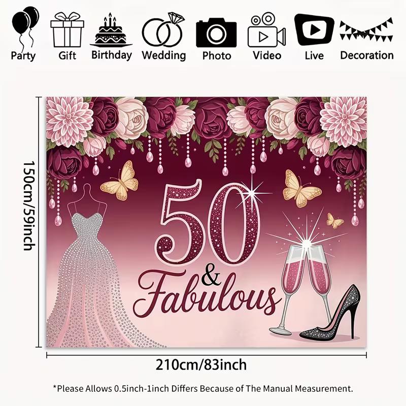 2D Flat Women s 50th Birthday Backdrop Burgundy Rose & Champagne 47.2x31.5inch/120*80cm
