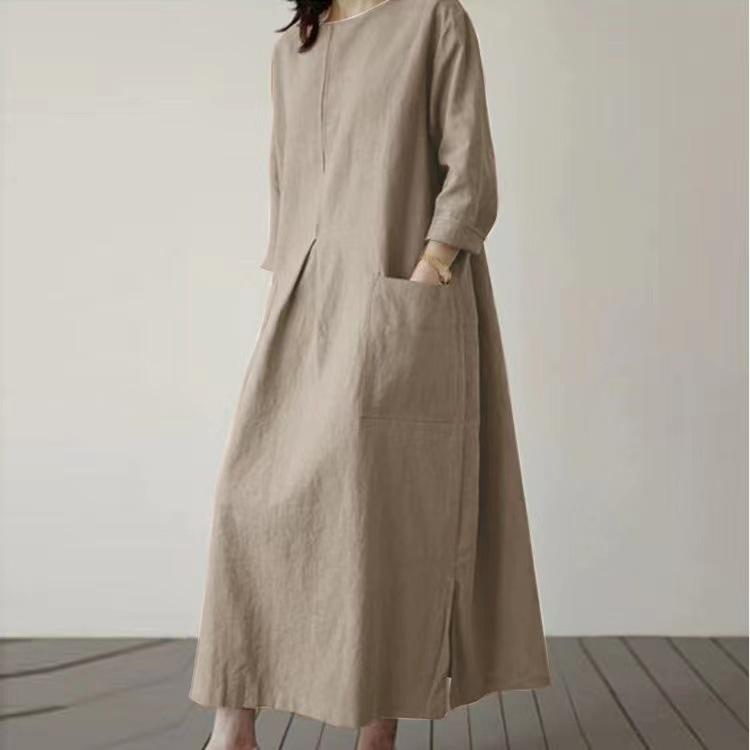 

2026 Casual Cotton Linen Long Sleeve Women s Dress with Round Neck and Elegant Hem Slit S абрикосовый