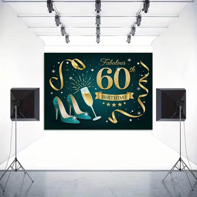 2D "Fabulous 60th Birthday" Backdrop Teal Gold High Heels & Champagne Photography Background Cloth
