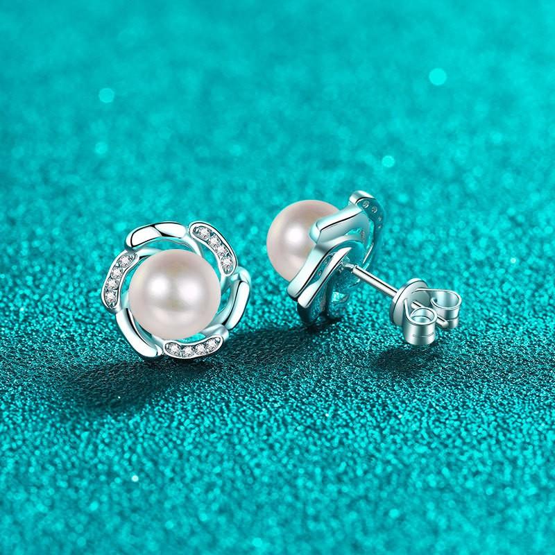 Sterling Flower Stud Earrings With Cultured Pearl Moissanite Bud Design Women Sweet Elegant Minimalist Jewelry