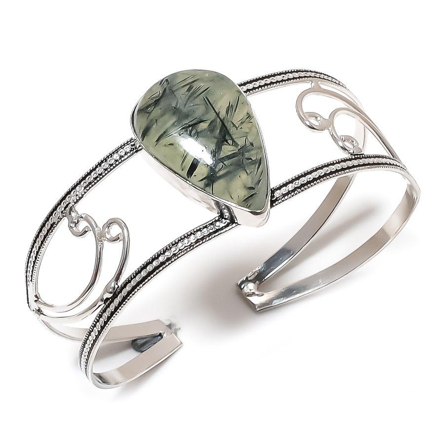 Natural Prehnite Gemstone 925 Sterling Silver Cuff Bangle Adjustable U9w50