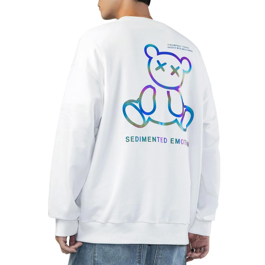 Long Fluorescent Print Cool Large Pull White L [Easykode] Men's Sweatshirt, Autumn, Sleeve, Pullover, Popular, Sweatshirt, Trendy, Clothes, Size,