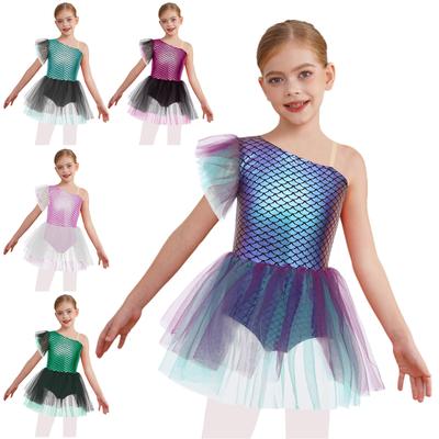 Déguisement de Ballerine d'Halloween pour Fille: Robe tutu une épaule imprimé écailles de poisson sirène, justaucorps de danse sans manches et débardeur