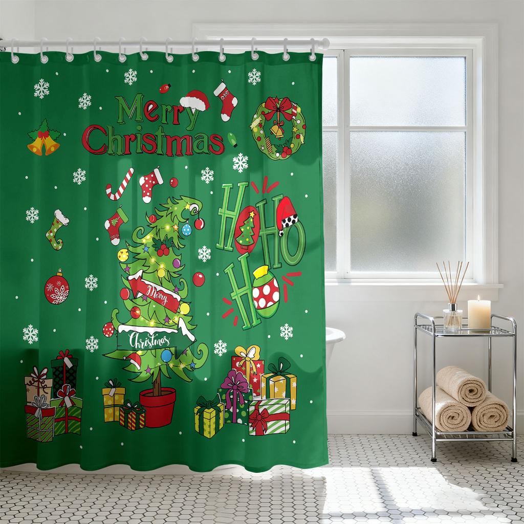 1pc Merry Christmas Green Printed Waterproof Shower Curtain with 12 Hooks, Available In Multiple Sizes and Machine Washable