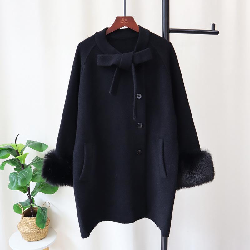 

Вязаный кардиган из двусторонней шерсти на шнуровке с бантом, новая модель средней длины с темпераментом для осени и зимы, женская куртка-свитер one size fits all чёрный