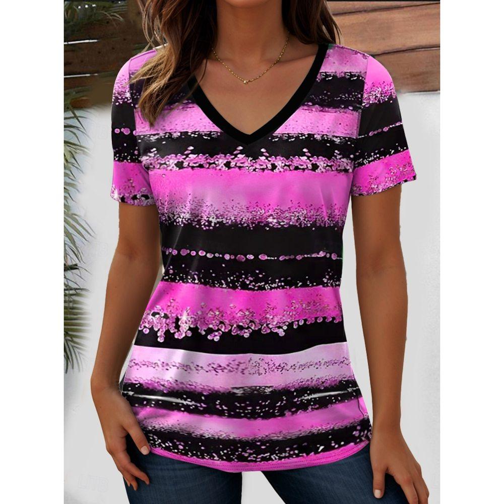 Women's T-Shirts Ocean Striped Graphic Print Fashion Short Sleeved V-Neck Regular Tops Daily Print Tee Summer Spring Casual Tops