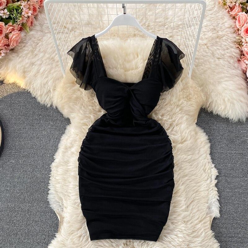 Sexy Short Sleeved High Waist Slimming Pleated Square Collar Wrapped Hip Dress