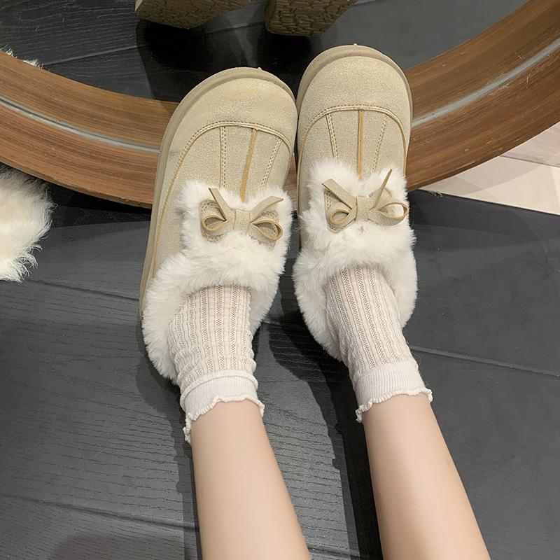 2025 winter new thick-soled bow velvet snow shoes fashionable versatile thickened fur integrated Northeast cotton shoes women