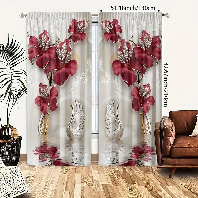 2 Pieces of Flowers Printed Curtains, Pole Bag Curtains 30*65, Bedroom, Living Room, Home Decoration, Room Decoration