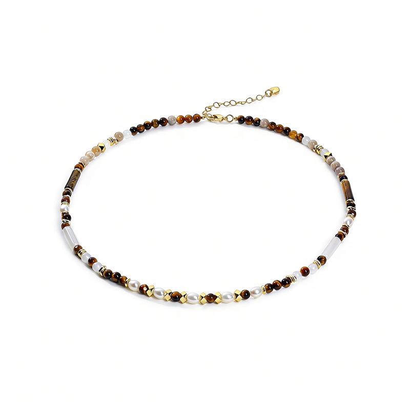 Arvaleff Women s Tiger Eye & Pearl Beaded Necklace - Personalized Natural Stone Design