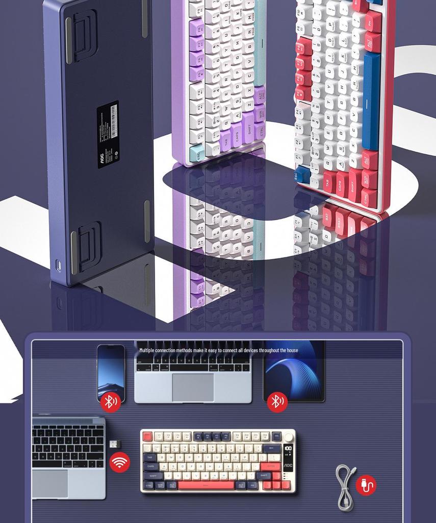 AOC GK300 Kabelloses Tri-Mode RGB Tastatur & Maus Set - Mechanisches Gefühl für Gaming und Bürogebrauch mit Bildschirm