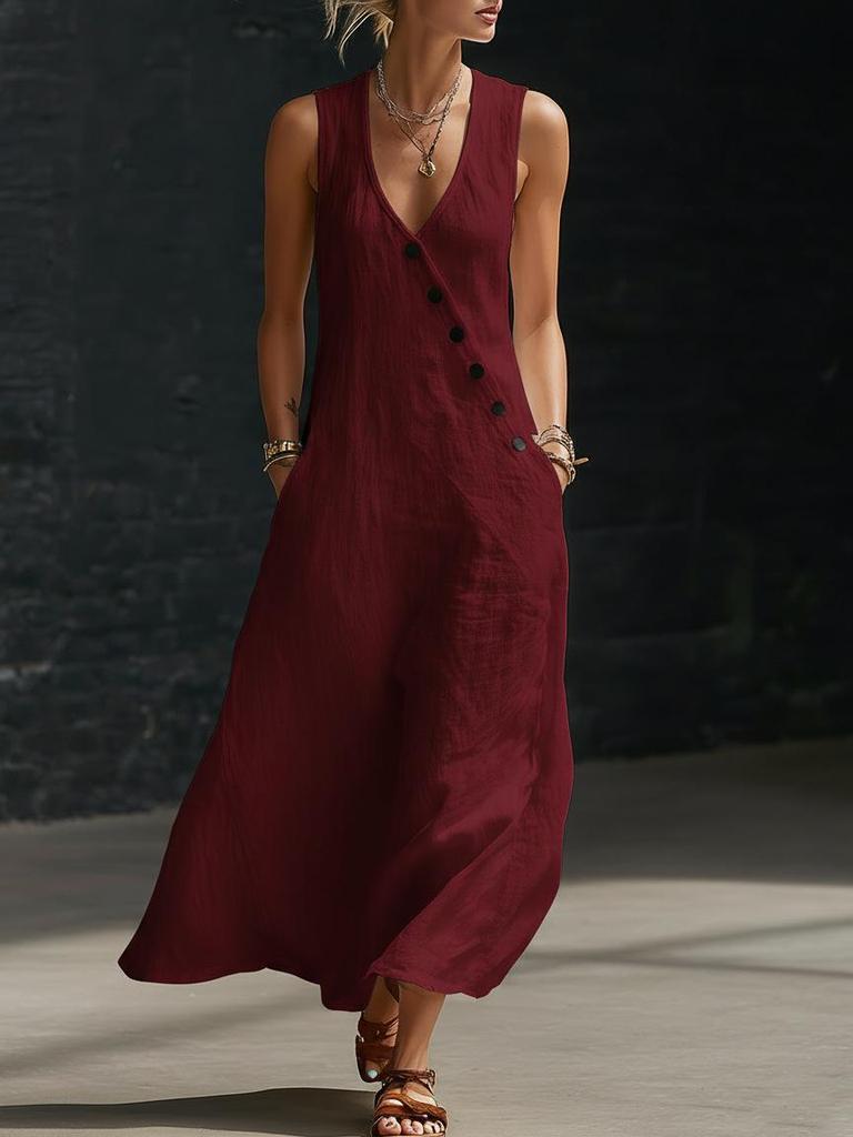 2026 Spring/Summer European V-neck Sleeveless Maxi Dress - Cotton Linen Button-up