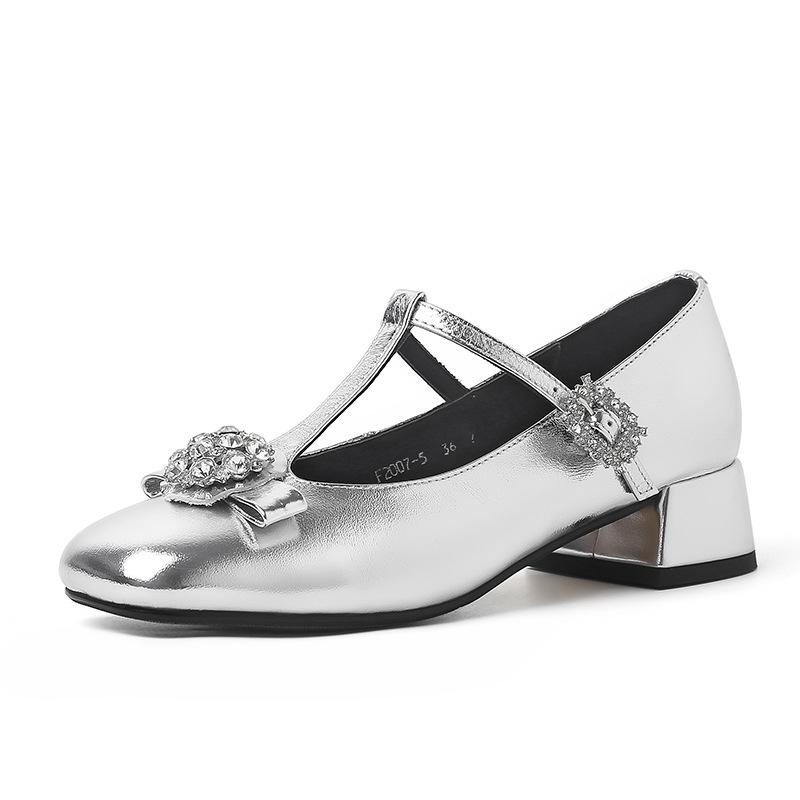 Spring 2025 new Mary Jane shoes fairy rhinestone bow French leather T-shaped shoes with thick heels