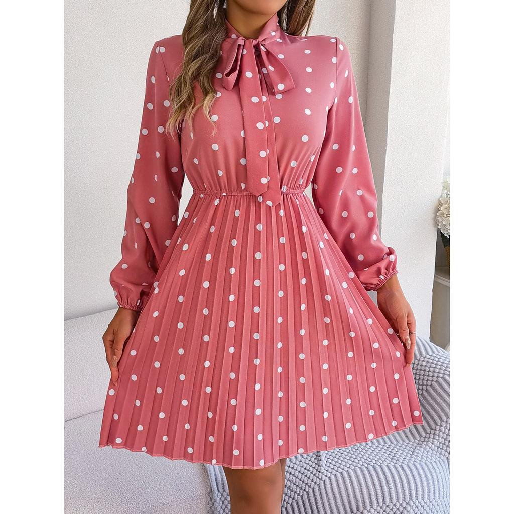GMXIA Autumn and Winter Stylish Polka Dot Tie Waist-cinching Long-sleeved Pleated Skirt Women's Wear