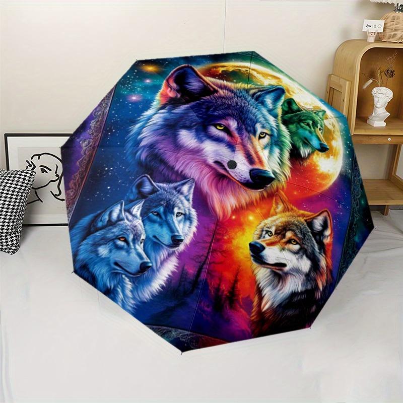 Wolf Pattern New Automatic Folding Umbrella, Portable Travel Umbrella for Men and Women, Halloween & Christmas Birthday Gift M