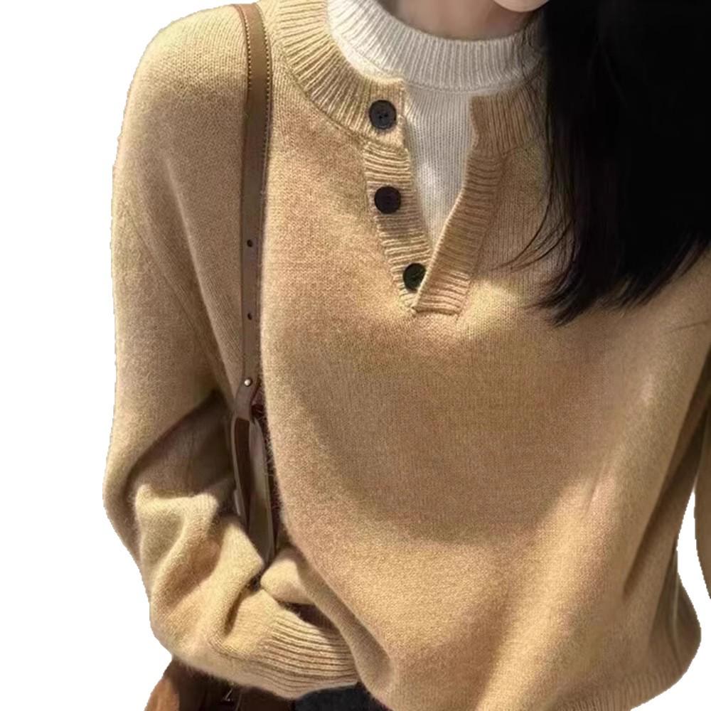 Women's Half-Zip Pure Wool Knit Sweater – Loose Two-Piece Design for Autumn/Winter