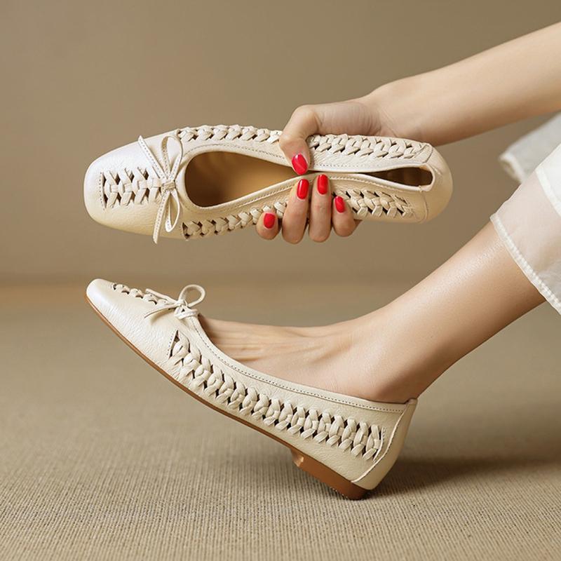 Fashion NEW Spring/Autumn Women Pumps Square Toe Low Heel Shoes Genuine Leather Shoes for Women Concise Bow-hnot Weave Slip-on Shoes