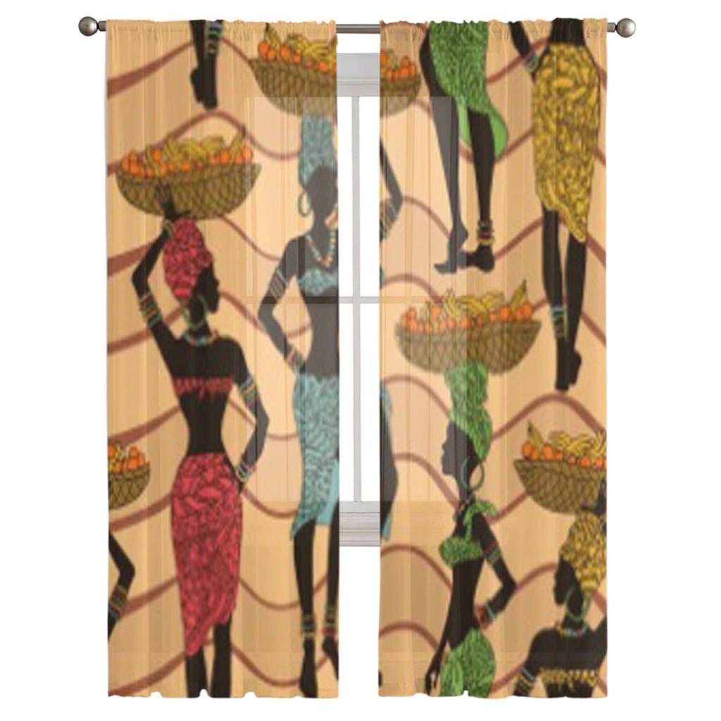 Afrikanische Frauen Straßenhändlerinnen mit Obstkörben auf den Köpfen Tüll Sheer Vorhänge für Wohnzimmerdekoration Voile Organza Vorhang