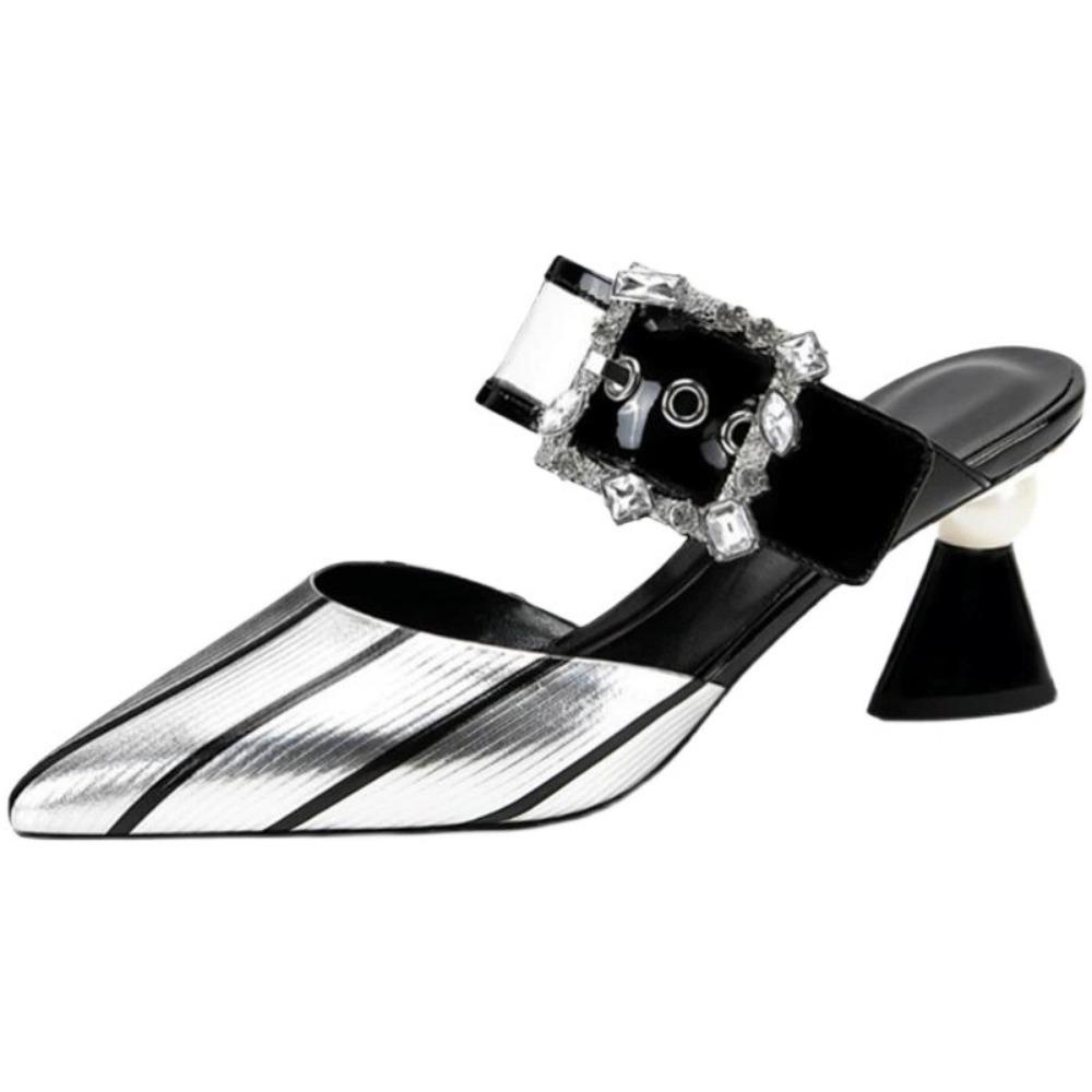 Close Toe Genuine Leather Slides Woman ,Fashion High Heeled Slippers ,Spring /Summer Shoes ,Pointed Toe ,Silver ,Dropship