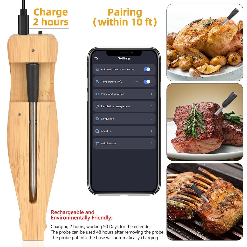 Digital Newest 350ft Wireless Meat Food Thermometer,Smart APP Control Bluetooth Kitchen Thermometer for Cooking,Oven,Grill,BBQ