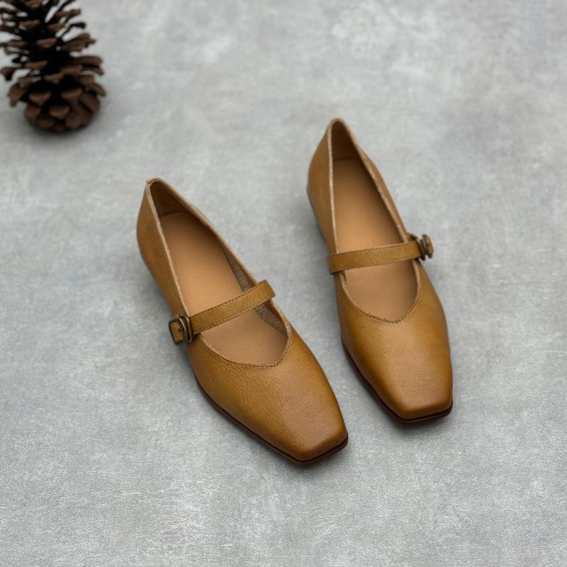 Johnature Echtes Leder Dicke Absätze Retro Damen Pumps Retro Eckige Zehenpartie Mary Jane Absatzschuhe