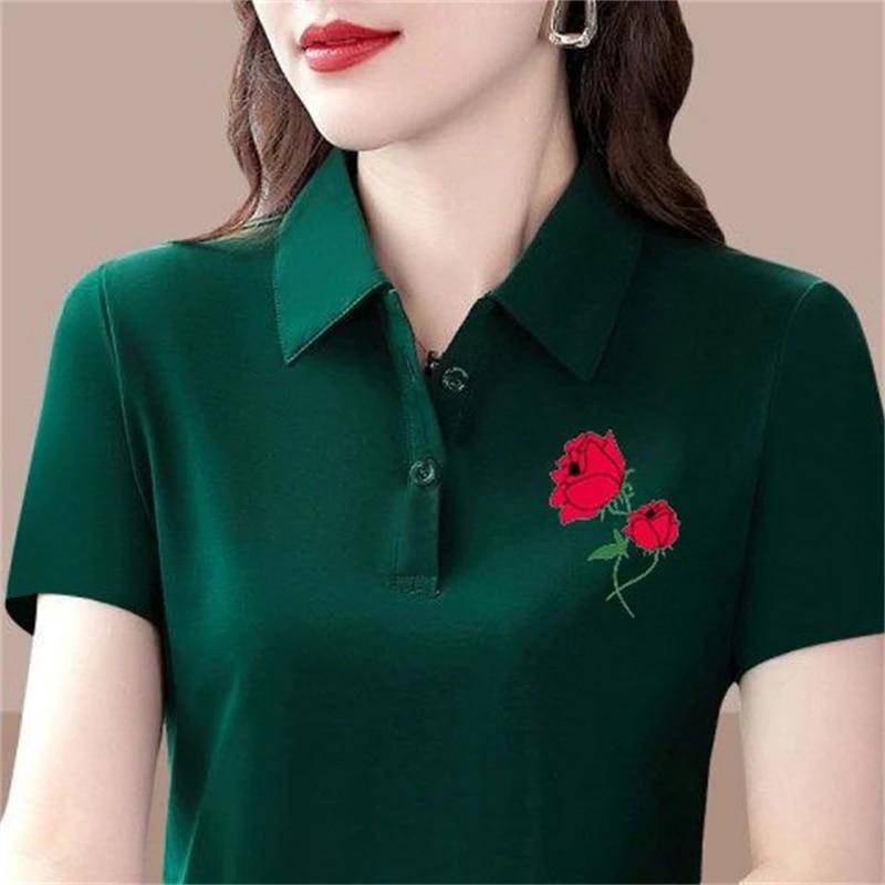 Women Fashion Short Sleeve Floral Print Tees Elegant Collar T-shirt Summer Casual Slim Button Basic Tops