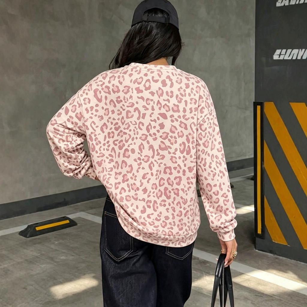 2026 Autumn and Winter New European and American Women's Clothing Leopard Print Crew Neck Printing Loose Sweatshirt Sweater