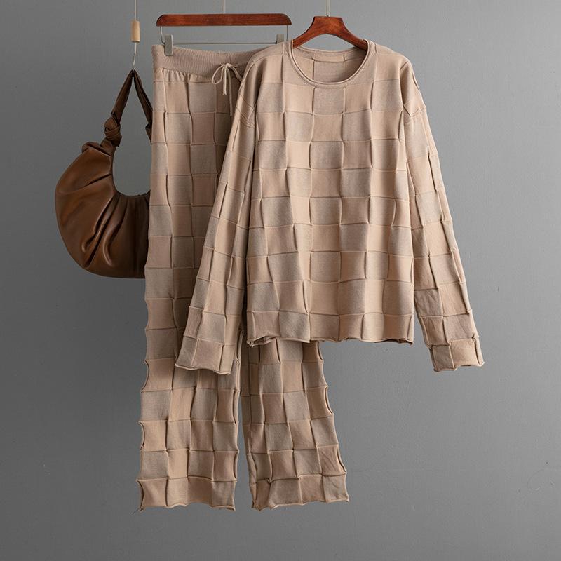 Square Grid Knitted Suit Women's Autumn And Winter Loose Oversized Sweater Casual Wide Leg Pants Two-piece Set