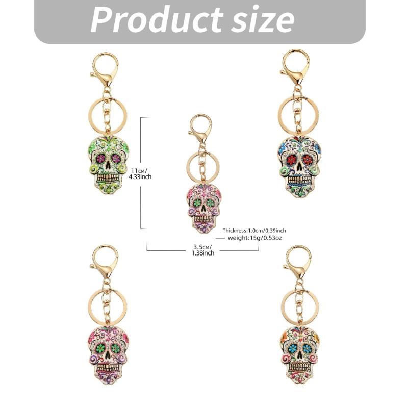 Halloween Skull Keychain Charm, Floral Skull Bag Charm with Alloy Hardware, Lobster Clasp and Round Key Ring for Keys