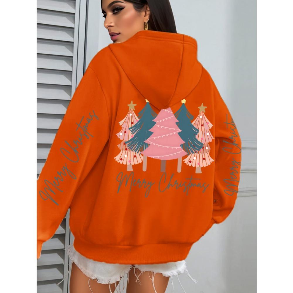 Merry Christmas Beautiful Trees Printing Women Hoodies Loose Hoody All-Match Y2K Pocket Clothing Autumn Casual Streetwear