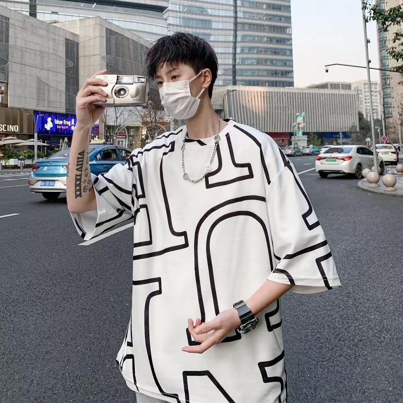 

Футболка мужская модная Ice Silk: Рукав три четверти, свободный крой, европейский и американский стиль M белый