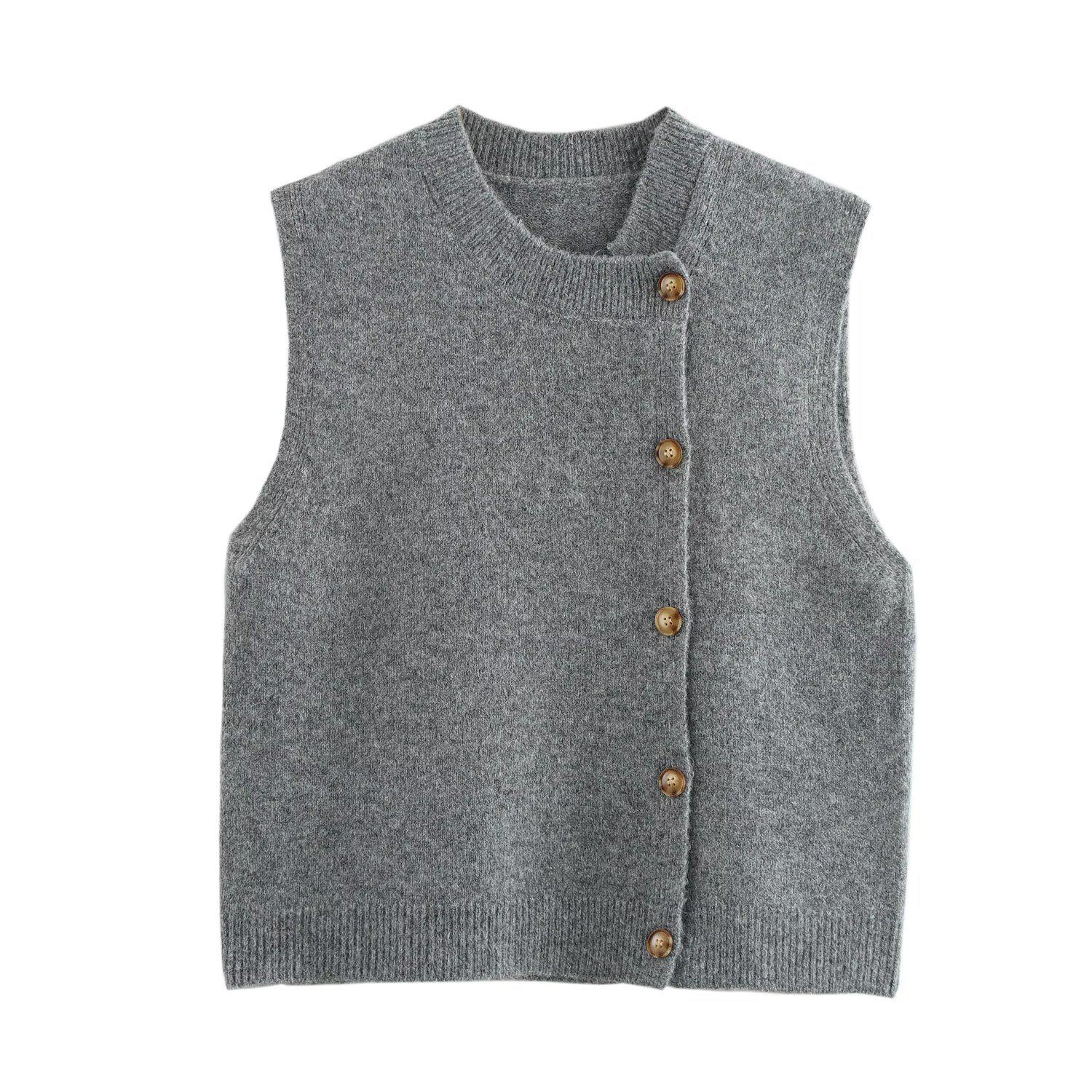 

Весна 2025 Женская Европейская и Американская Мода Круглый Вырез Асимметричная Застежка на Пуговицы Вязаный Безрукавный Жилет One Size серый