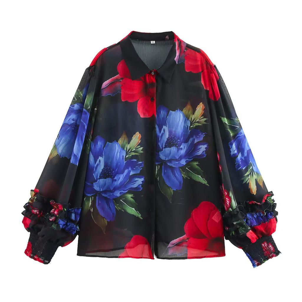2025 Spring Women's Plus Size Chiffon Print Long Sleeve Shirt - European & American Fashion