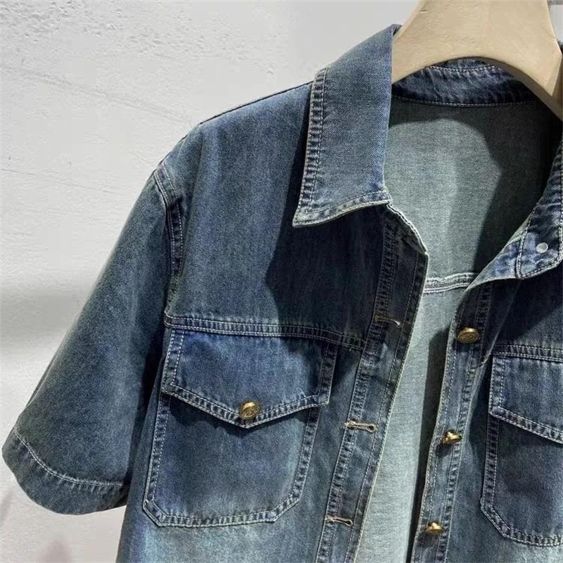 Women's Denim Shirt Spring Summer Loose Short Sleeve Ladies Cowboy Tops Temperament Single-breasted Lady Leisure Blouse