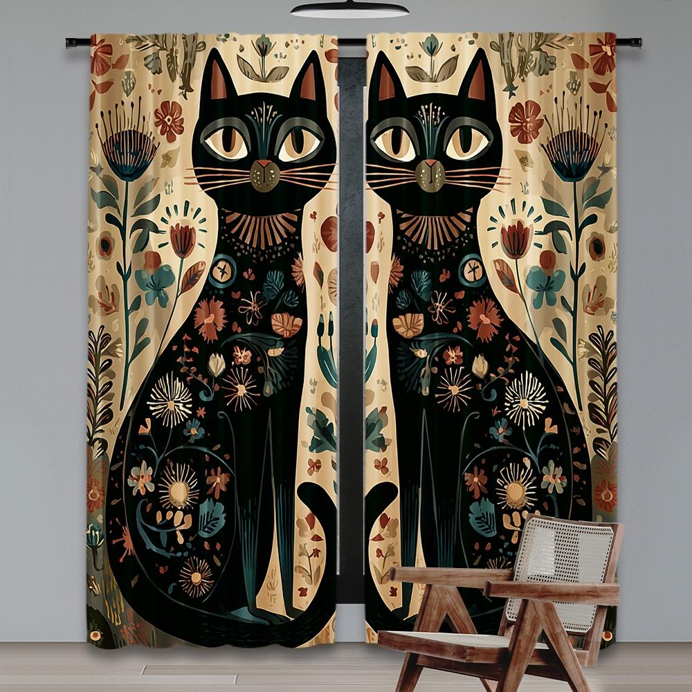 Set Of 2 Flat Printing Scene Curtain Floral Feline Duo Digital Printed Polyester Drapes All Season Party Holiday Decor Perfect
